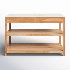 a wooden shelf with two shelves on top and one shelf below it, against a white background