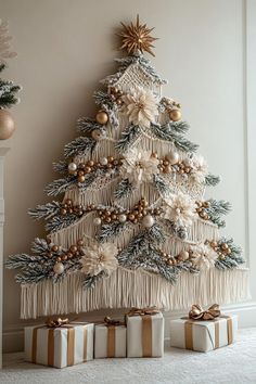 a decorated christmas tree with presents under it