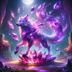 a purple wolf standing in the middle of a forest with rocks and crystals around it