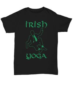 a black t - shirt with the words irish yoga printed on it and an image of a