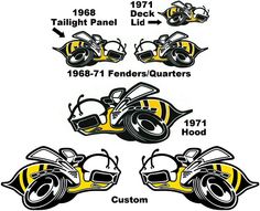 an image of the different parts of a motorcycle that are labeled in black and yellow