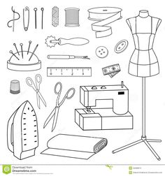 sewing supplies and tools on a white background with clippings for each item in the image