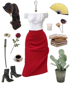 a woman in a red skirt and white top is surrounded by other items including a cactus