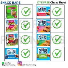 snack bars are shown with the check mark on each one and there is an ad for nut