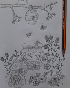 a pencil drawing of a beehive and honey jar with flowers on the side