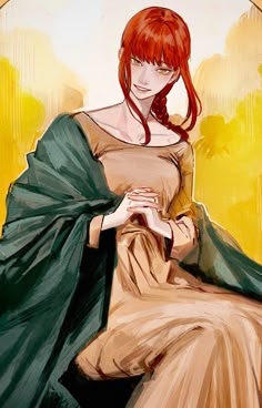 a painting of a woman with red hair wearing a dress and holding a green shawl