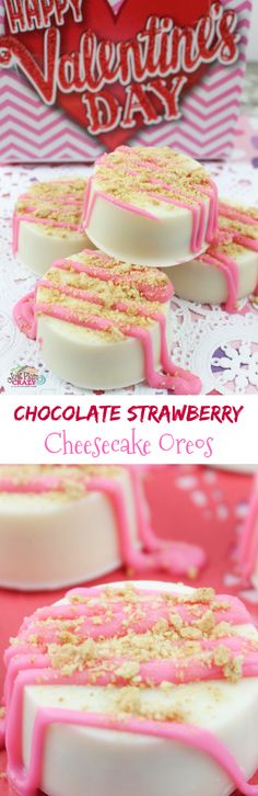 chocolate strawberry cheesecake oreos with pink and white icing