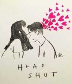 a drawing of two people kissing with hearts coming out of their heads