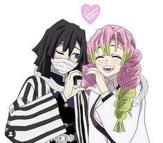 two anime characters with pink hair and one is wearing a face mask while the other wears a black and white striped shirt