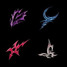 four different colored and black designs on a black background, each with a dragon's head