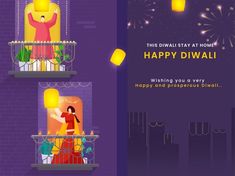 an image of happy diwali with fireworks in the sky and people on balcony