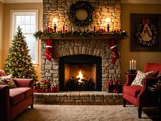 a living room filled with furniture and a fire place covered in christmas stockings next to a fireplace