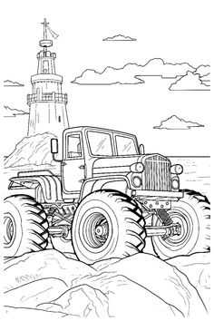 a monster truck driving in front of a lighthouse