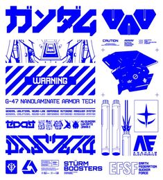 some type of blue and white poster with different types of letters, numbers, and symbols