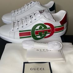 Nib Authentic Gucci Ace Sneakers. These Run Big For Me, So These Are Probably Best For A 5.5 To A Narrow Small 6.5. This Was My Experience So Please Know Your Size In The Ace’s. These Retailed For $590. Designer Logo Print Sneakers With Round Toe, Gucci Sneakers With Logo, Gucci Sneakers With Logo And Round Toe, Designer Sneakers With Logo Detail And Round Toe, Gucci Custom Lace-up Sneakers With Logo Print, Designer Gucci Sneakers With Logo Print, Gucci Custom Logo Sporty Sneakers, Gucci Custom Lace-up Logo Sneakers, Gucci Sporty Custom Sneakers With Logo