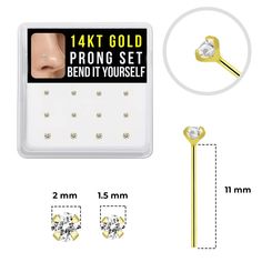 22G 14K Solid Gold Prong Set Top Precious CZ Gems Fishtail Nose Stud Ring Nostril Piercing Jewelry 7/16" 11mm - Pack of 12 Sold - Pack of 12 (Include 6pcs 1.5mm clear Fishtail Nose Stud, 6pcs 2mm clear Fishtail Nose Stud) Material - 14K Solid Gold Gauge - 22 Gauge (0.6mm) Color - Yellow Gold Length - 7/16" Inch (11mm) Type - Fishtail Nose Stud Design - CZ Gems Top Fishtail Nose Stud Gems Type - CZ (Cubic Zirconia) Gems Size - 2mm, 1.5mm Gems Color - Clear Gems Shape - Round Setting - Prong Setting Perfect Fit - Nose Piercing or Nostril Piecing Perfect for adding a subtle sparkle to your look with our 12pcs 14K Gold Precious Gems CZ Fishtail Nose Stud 22G. Crafted from 14K Solid Yellow Gold. The eye-catching part of this nose stud is the 2mm and 1.5mm Precious Clear CZ Gems Jewel. Choose th Nostril Piercing Jewelry, Gold Gauges, Gem Top, Nostril Piercing, Stud Design, Nose Piercing Jewelry, Nose Jewelry, Nose Stud, Precious Gems