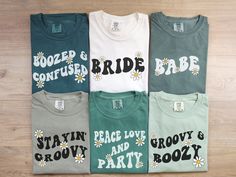 four t - shirts that say, boop & confused bride, stay in peace love grooy and party