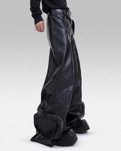 Wide leg leather cargo pants ’Kawashi’ - TECHWEAR STORM™ Leather Baggy Pants, Cyberpunk Pants, Leather Cargo Pants, Avant Garde Aesthetic, Hakama Pants, Dramatic Silhouette, Techwear Pants, Techwear Outfits, Urban Explorer