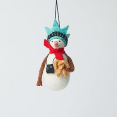 a snowman ornament hanging from a string