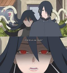 two anime characters, one with red eyes and the other with long black hair are facing each other