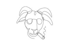 a single line drawing of a dog with sunglasses and a pipe in his mouth, on a white background