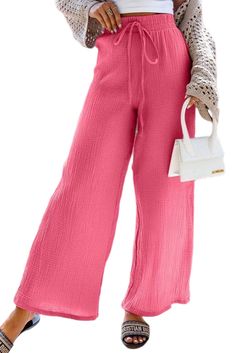 Rose Textured Wide Leg Drawstring High Waist Pants Stretch Pink Pants With Drawstring, Pink Stretch Pants With Drawstring, Pink Drawstring Lounge Pants, Pink Drawstring Loungewear Pants, Pink Drawstring Pants For Loungewear, Trendy Pink Drawstring Pants, Pink Drawstring Trousers, Pink Wide Leg Pants With Drawstring, Pink Cotton Beach Pants