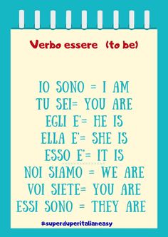 a poster with the words verbo essere it to be