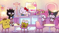 cartoon characters are sitting at tables in a cafe with hello kitty on the wall behind them