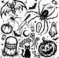 black and white drawing of halloween items with bats, pumpkins, spider, bat