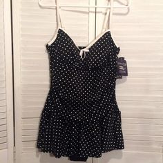 New With Tags, Size L 12-14, Padded Bust, Adjustable Straps, Ruched Front With Skirt. Casual Sleeveless Swimwear With Polka Dot Pattern, Casual Sleeveless Polka Dot Swimwear, Sleeve Bathing Suit, Dress Swimsuit, Blue Halter Top, 1 Piece Swimsuit, Red Swimsuit, Swimsuit Dress, One Piece Swim