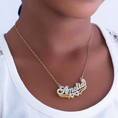 Kids Script Name Necklace with Beading and Rhodium Adjustable White Name Necklace, Two Tone Name Necklace, Adjustable Pink Necklace With Custom Name, Personalized Pink Name Necklace, Personalized White Gold-plated Name Necklace, Figaro Chains, Name Necklace, Chain, Beads