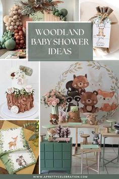 woodland baby shower ideas are featured in this collage