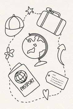 a black and white line drawing of travel related items in the shape of a circle