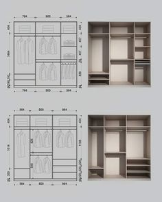 two drawings of closets with clothes hanging on the shelves and another drawing showing how to measure them