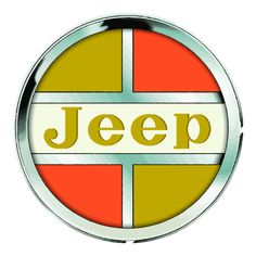 a jeep emblem with the word jeep in yellow, orange and red letters on it