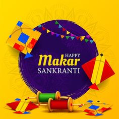 happy makar sanki greeting card with colorful kites and paper decorations on yellow background