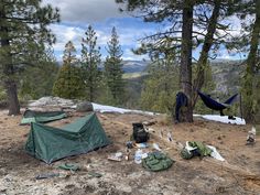 an image of a camping site in the woods with a hammock and sleeping bag