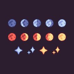 the pixel art is showing different shapes and sizes, including circles with stars on them