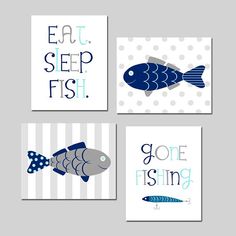 four cards with fish on them and the words eat, sleep, fish gone fishing