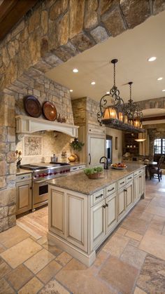 Modern Luxury Kitchen Ideas Kitchen Ideas Old Money, Marble Kitchen Aesthetic, Farmhouse Kitchens 2024, Rustic European Kitchen, Travertine Kitchen Countertops, Stone Wall In Kitchen, White Tuscan Kitchen, Modern Tuscan Farmhouse, Kitchen Dark Countertops