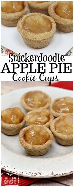 mini apple pies on a white plate with text overlay that reads, stickerboodlele apple pie cookie cups