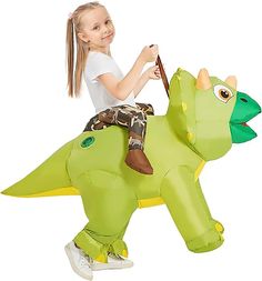 Wear this dinosaur inflatable costume at Halloween, parties, or family events and you'll get lots of compliments and leave great memories. This riding dinosaur costume is made of high-strength waterproof polyester which is against rips and tears, the excellent stitching improves the durability of the inflatable costumes. This deluxe version of the inflatable dinosaur costume is suitable for most kids. You do not need worry about sizes. In addition, this inflatable dinosaur suit has an elastic an Riding Dinosaur Costume, Dinosaur Costume Kids, Funny Dinosaur Costume, Triceratops Costume, Blow Up Costumes, Quiet Character, Toddler Dinosaur Costume, Adult Dinosaur Costume, Costume Dinosaure