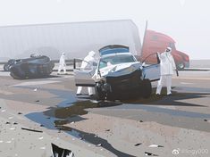 two men in white suits are standing next to a wrecked car on the tarmac