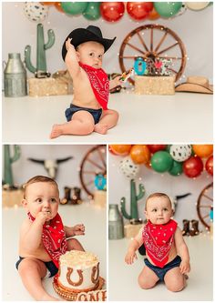 In this lively cake smash session, a little cowboy celebrates his first rodeo surrounded by charming Western-themed props. The scene features cactus decorations, hay stacks, and vibrant balloon garlands in green, brown, and white. A playful cow pattern, vintage wagon wheel, and cowboy hats add rustic charm. The atmosphere brims with joy and country flair, capturing the excitement of this special milestone. Rodeo Cake Smash Photo, First Rodeo Cake Smash, Rodeo Cake Smash, My First Rodeo Smash Cake Session, First Rodeo Photoshoot