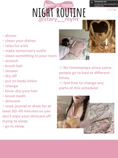 🌱 {mine! only repost with credits!} ⋆ night routine! 🩷🩷 [ #nighttime #nighttimebeautyroutine #night_routine #itgirl ] 04 . 19 . 24 School Night Routine, Morning Night Routine, Aesthetic Routines, Morning Routine Productive, Morning Routine School, Night Routines, After School Routine, School Routine, Healthy Morning Routine