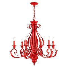 a red chandelier with six lights hanging from it's centerpieces