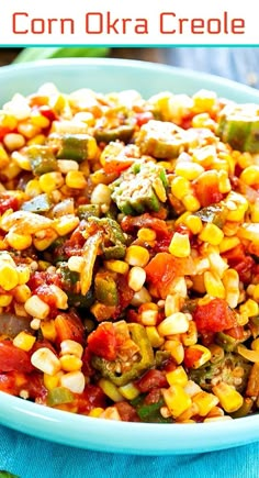 corn and okra crumble in a bowl on a blue cloth with the title above it