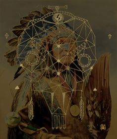 an image of a native american man with feathers and dream catchers on his head