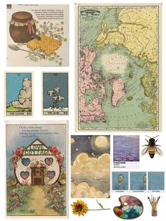 several different pictures with flowers and other things on them, including an image of a map