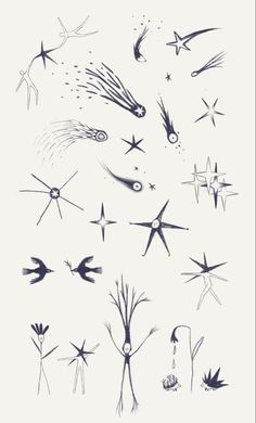 an ink drawing of stars and rockets flying through the air with their tails spread out